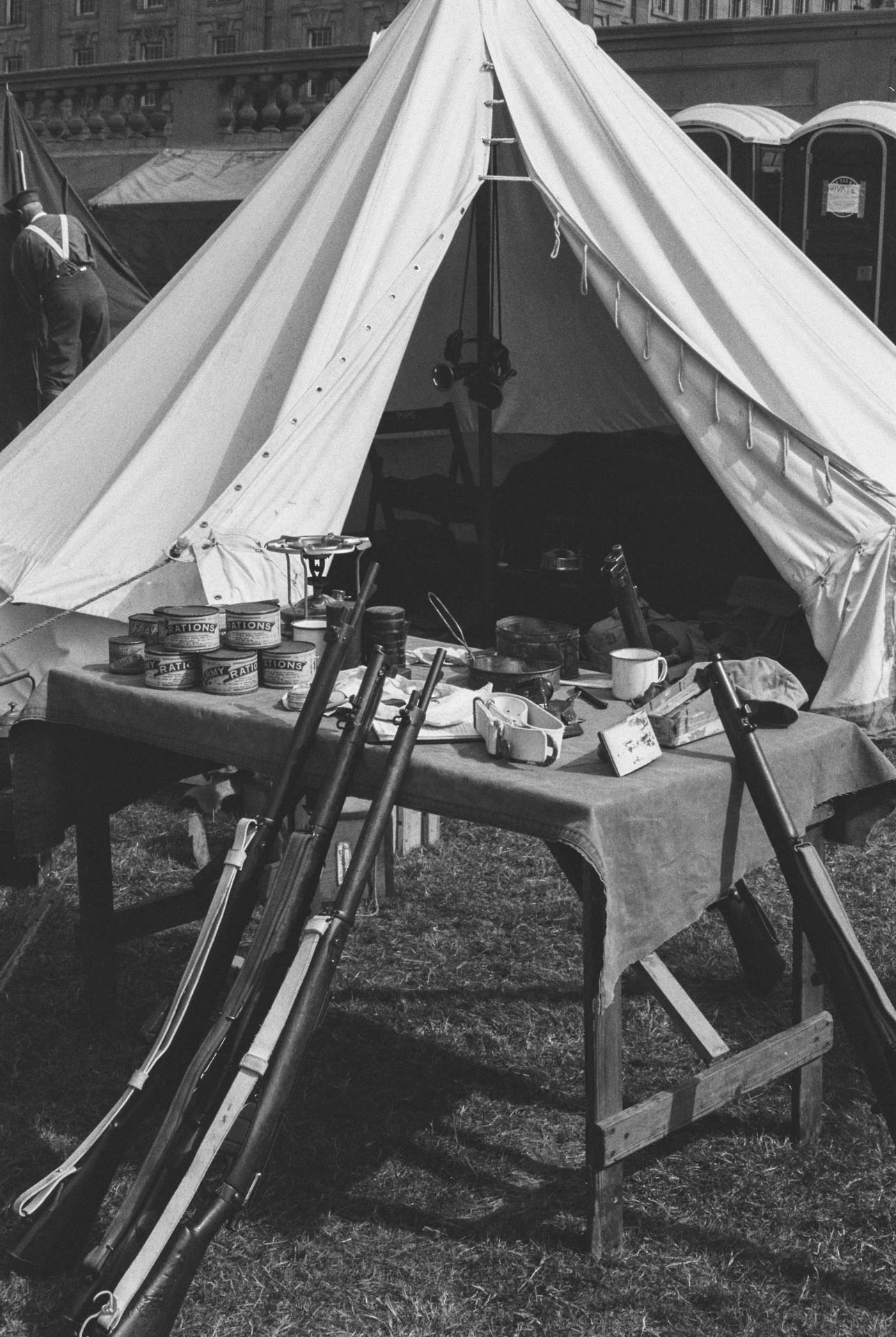 A black and white photograph of a WW1 reenactment at Chatsworth Country Fayre, Derbyshire, The Peak District on Ilford HP5 Plus.