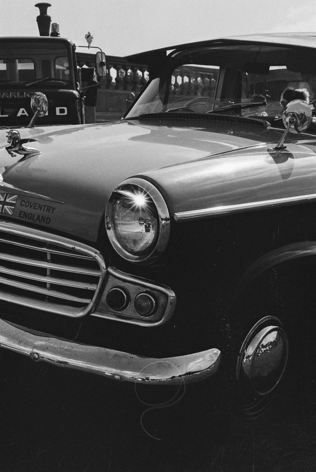 A black and white photograph of a vintage truck at Chatsworth Country Fayre, Derbyshire, The Peak District on Ilford HP5 Plus.