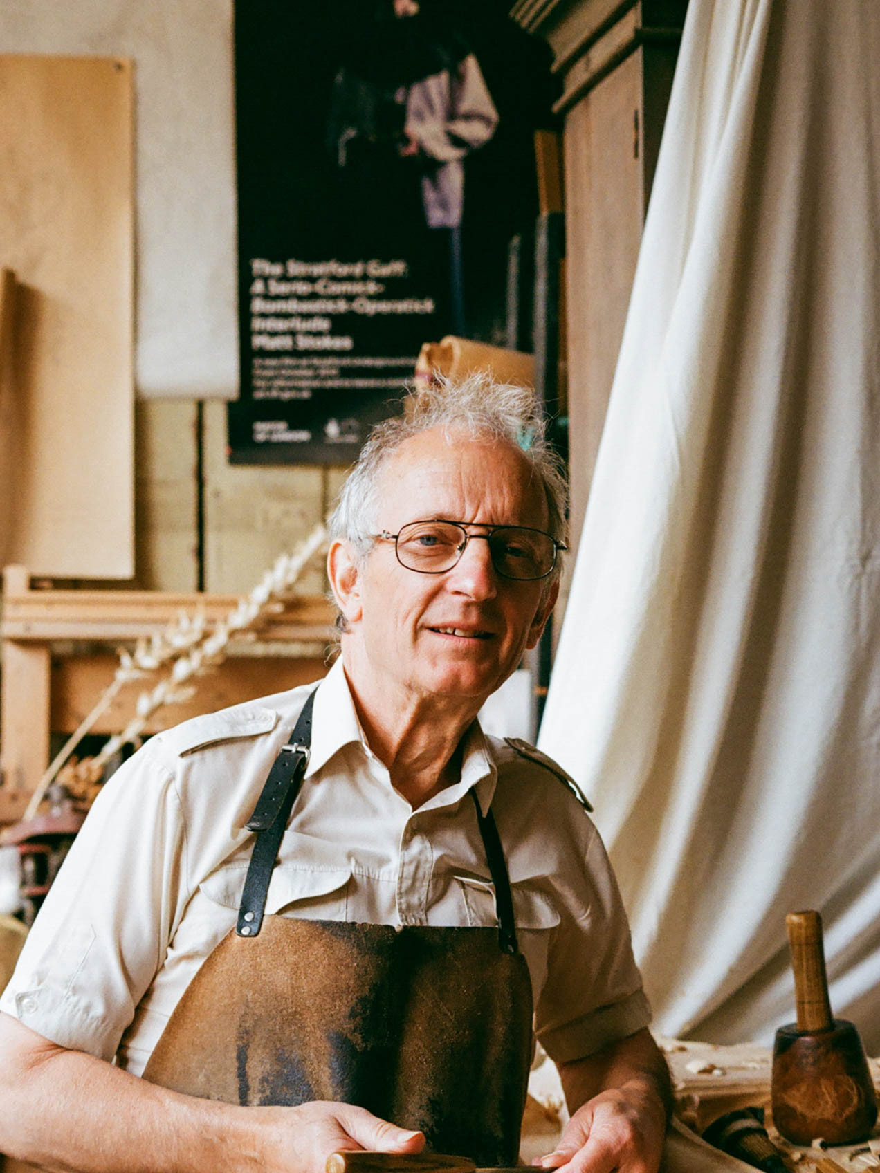 A portrait of Hugh Wedderburn taken at his workshop in London on Kodak Gold 200.