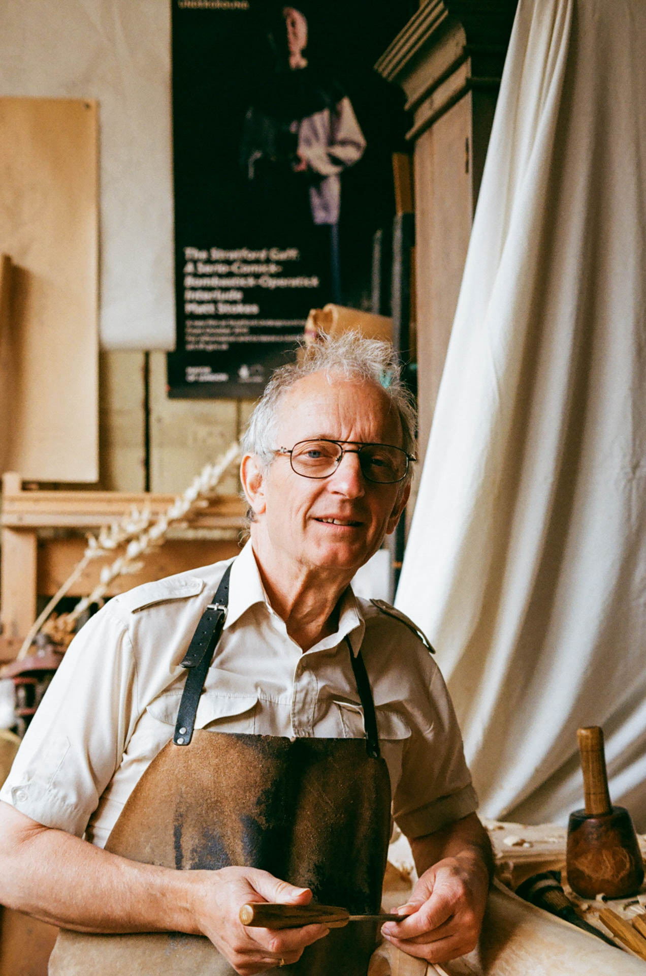 A portrait of Hugh Wedderburn taken at his workshop in London on Kodak Gold 200.