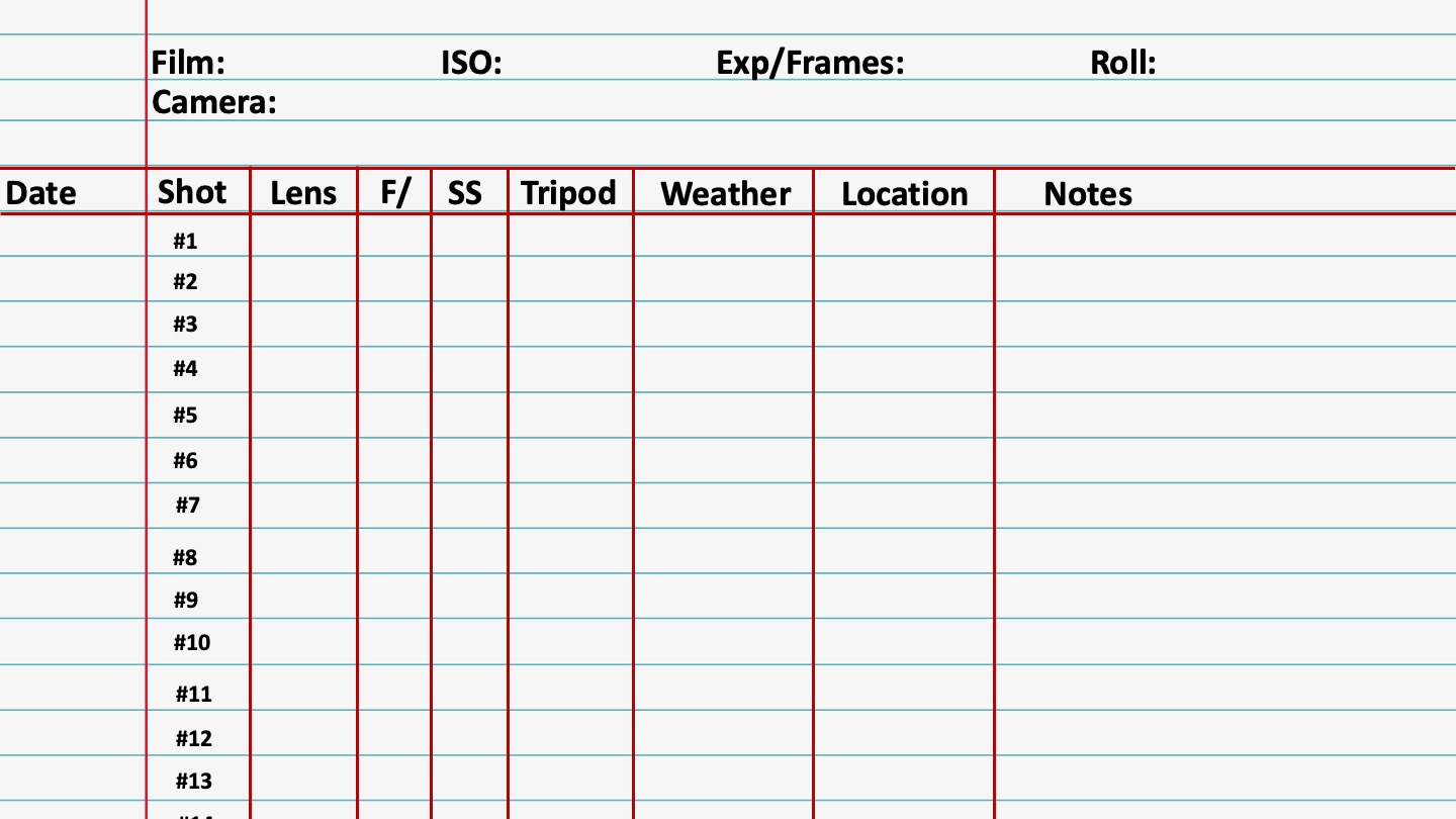 A template for a film photo metadata log book showing categories and recommended format.