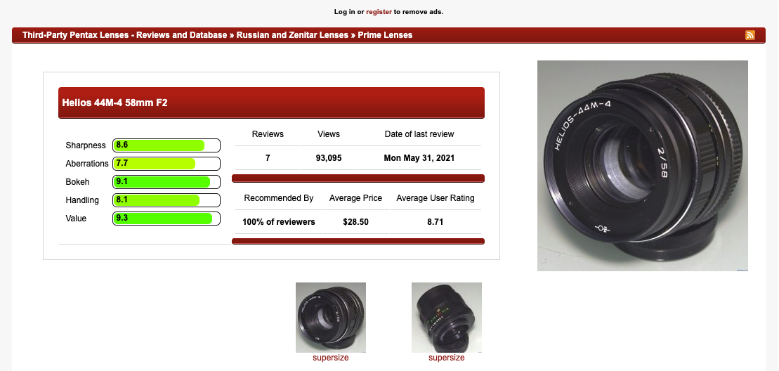 A screenshot showing a film camera lens review.